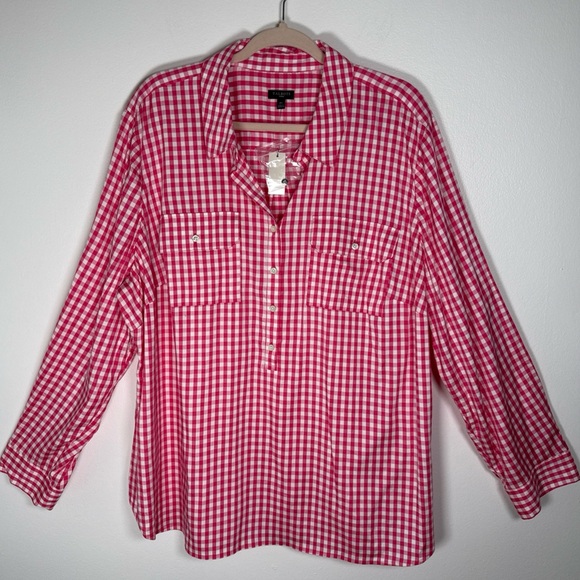 Talbots Tops - Talbots Woman Pink Gingham Partial Button Down Top Plus Size 3X Pockets Preppy